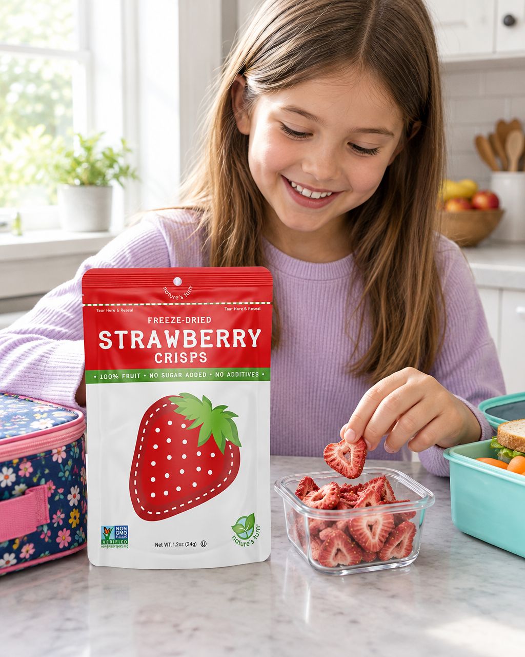 Girl packing school lunch with a Nature's Turn Strawberry Crisps bag and freeze-dried strawberry pieces in a container.