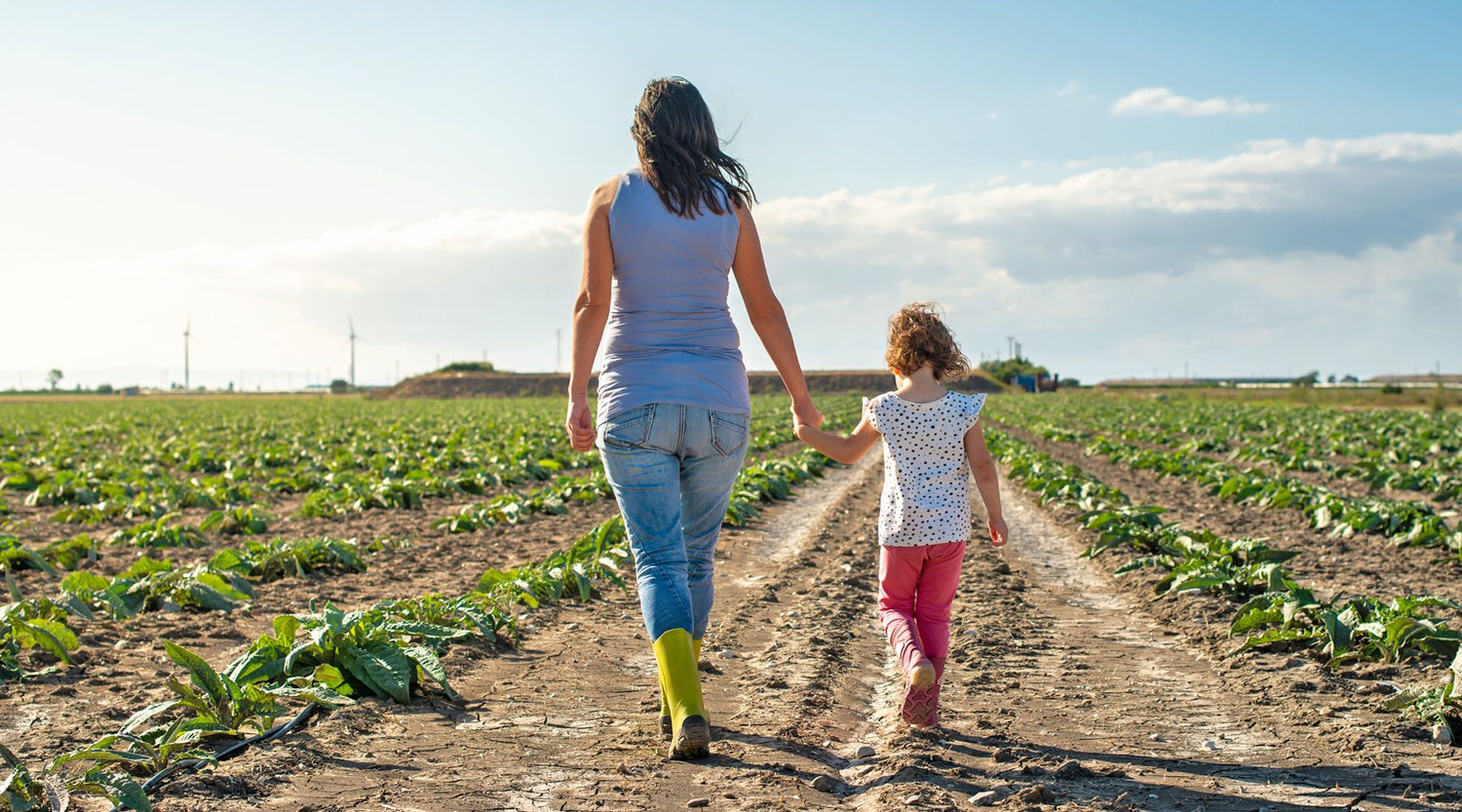 Mother and daughter picking vegetables